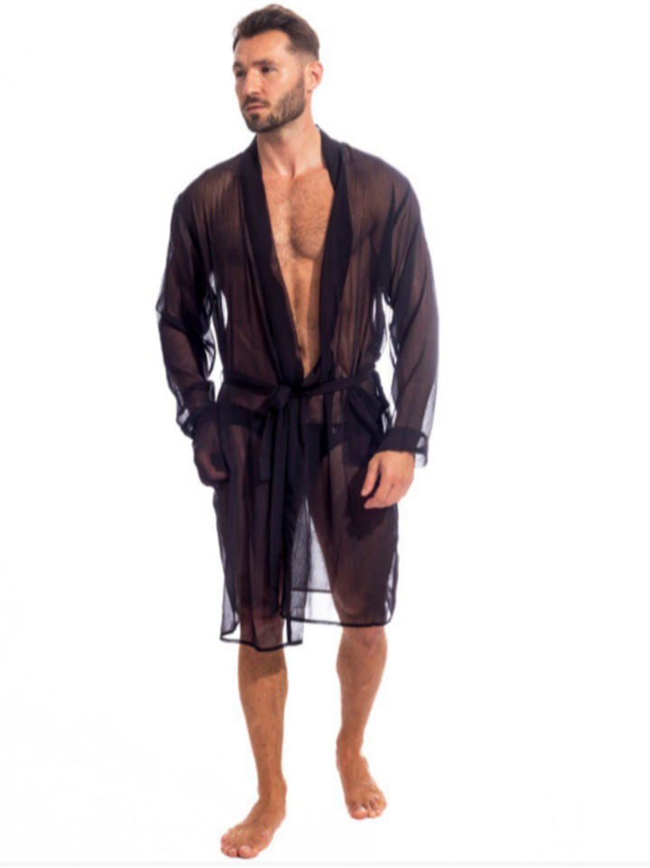 DREAM-CITY Men's Feline Chantilly Black-Kimino Dressing Gown Bathrobe